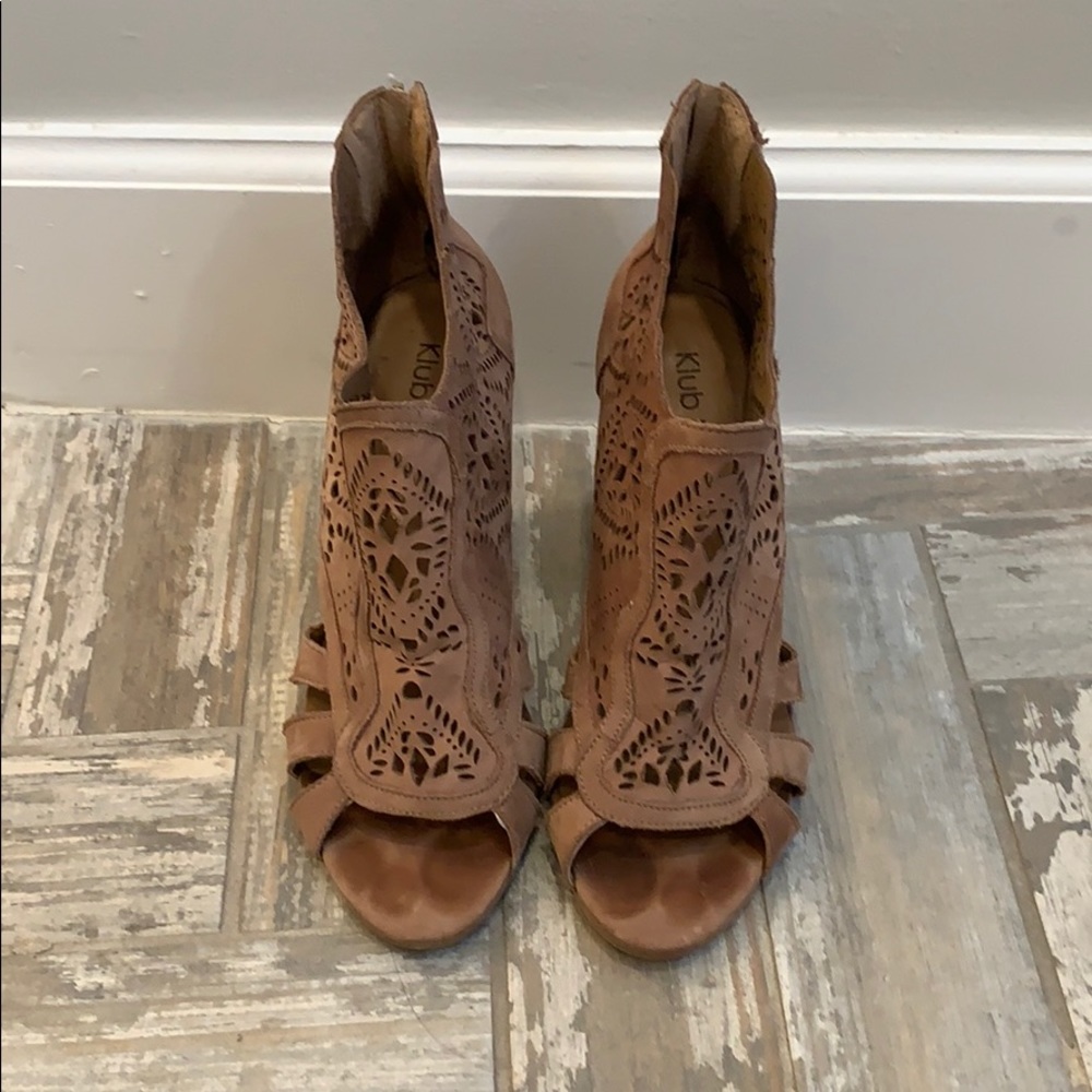 Light Brown Laser Cut Heel Bootie with Peep Toe